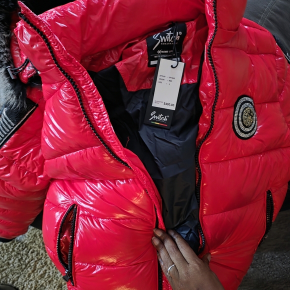Women's Red Bomber Jacket with Fur Trim - Picture 3 of 5